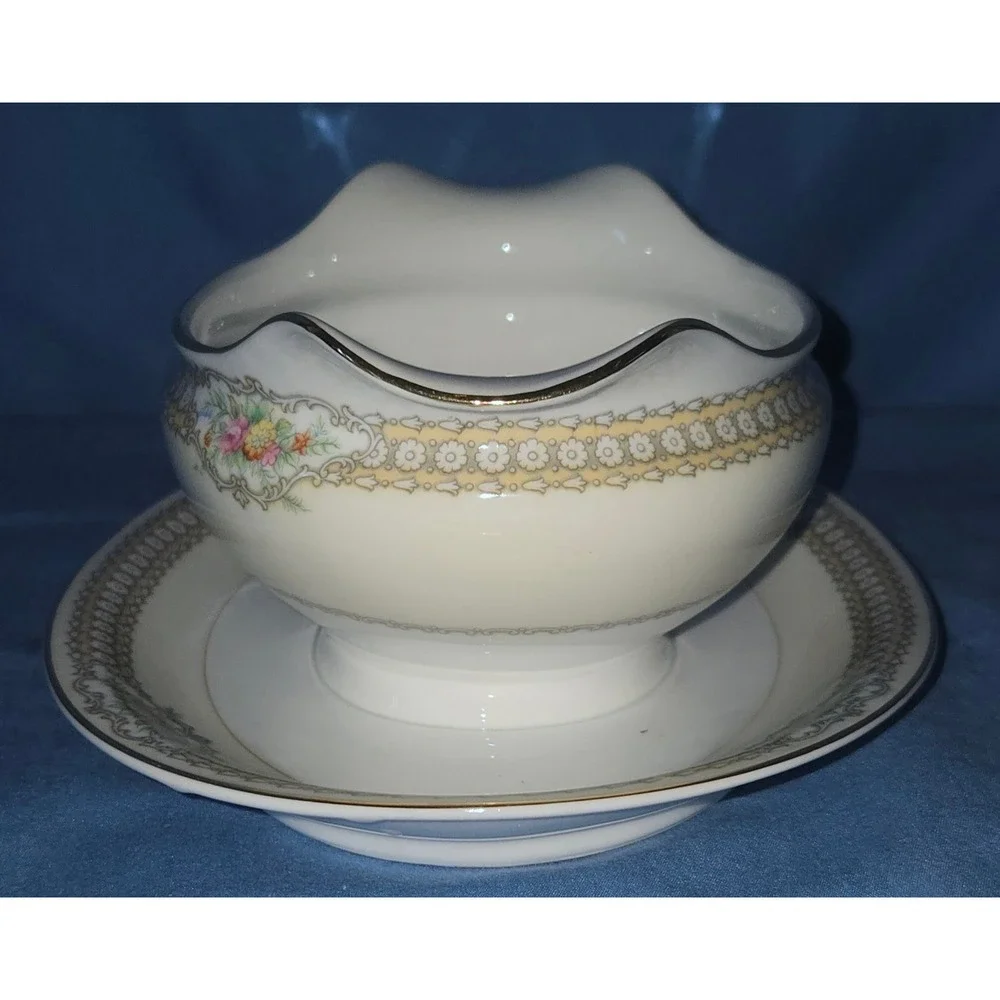 Noritake China Rodista 590 Gravy Boat Attached Underplate Vintage Japan Gold